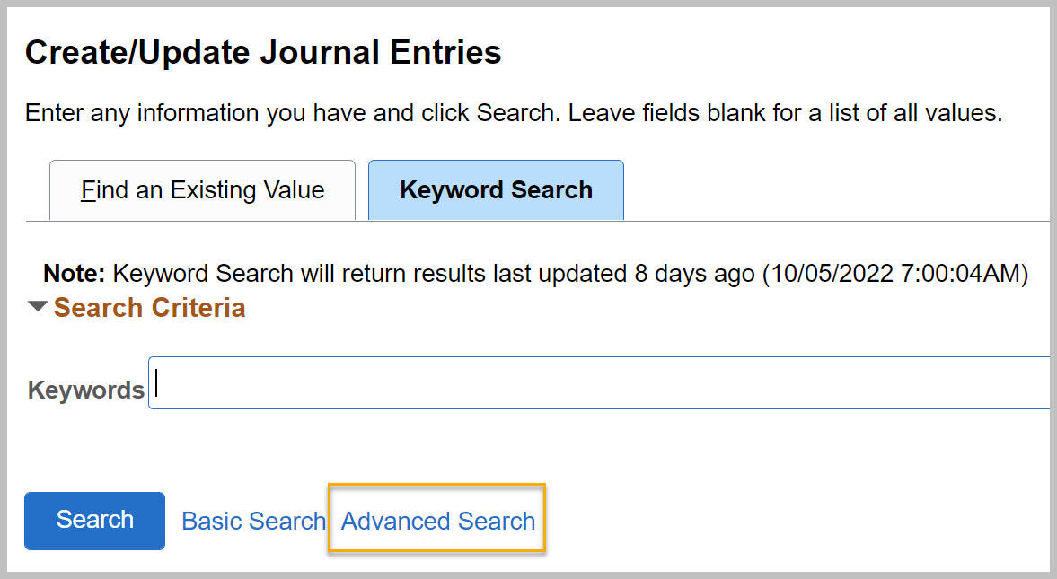 Screenshot of the BFS Create or Update page Keyword Search Tab with the Advanced Search button selected
