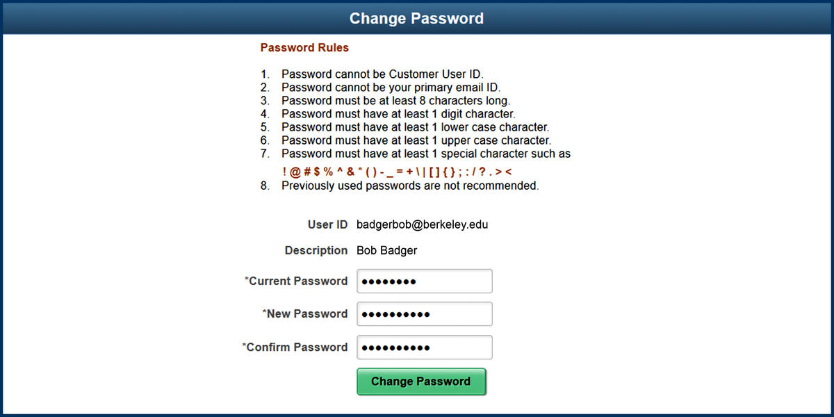 BFS eBill Change Password rules screenshot