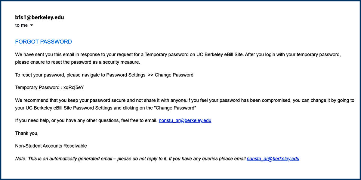 BFS eBill Forgot Password email screenshot