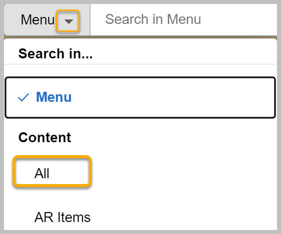 Screenshot of the BFS Home page Menu button with Search All selected