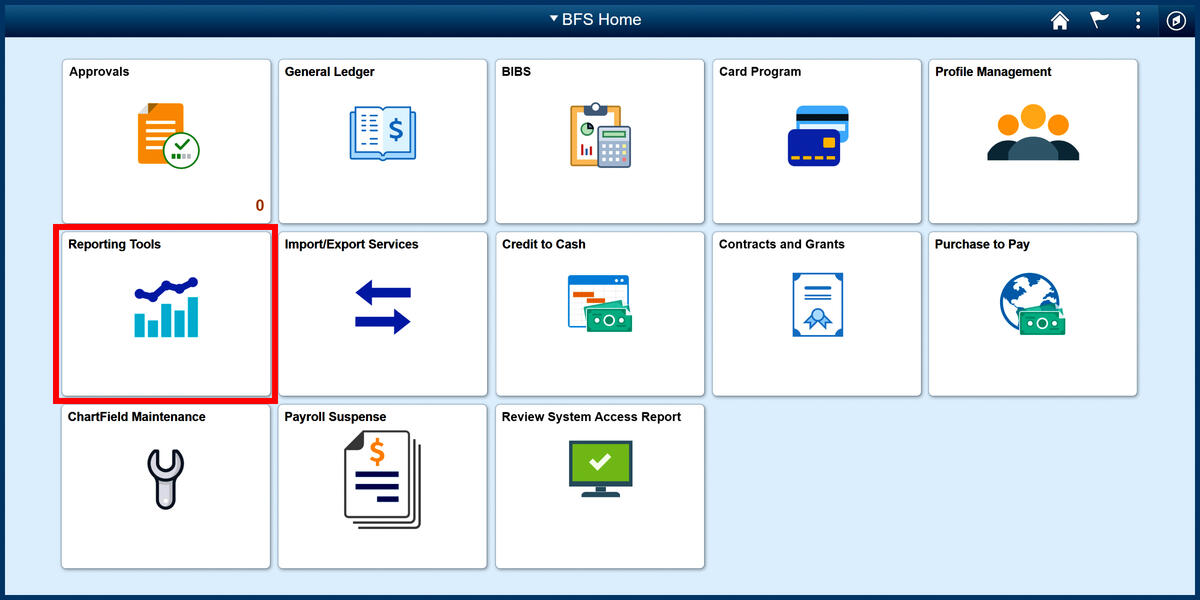 BFS home page Reporting Tools tile screenshot