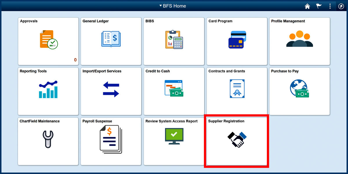Screenshot of the BFS home page and Supplier Registration tile