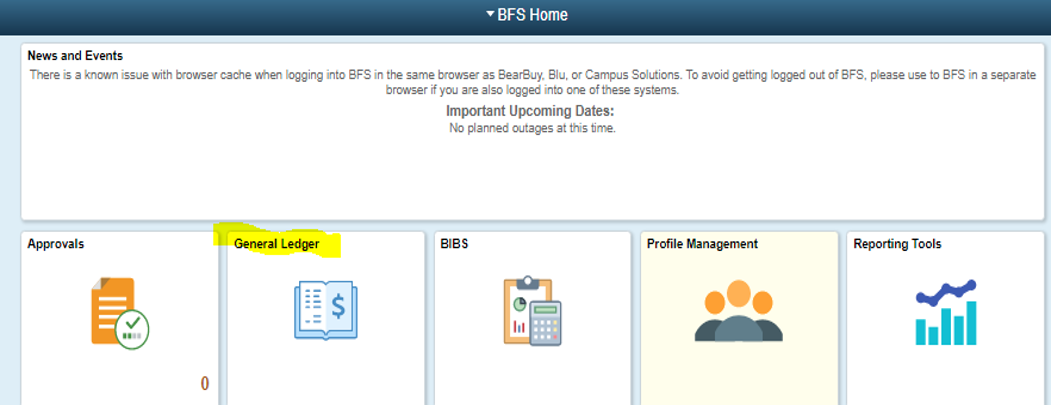 Image of BFS Home Screen showing the General Ledger tile