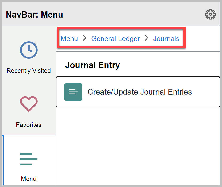 Screenshot of the BFS NavBar Menu Journal Entry