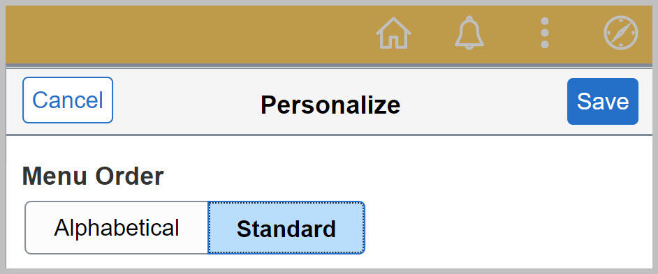 Screenshot of the BFS Personalize menu order