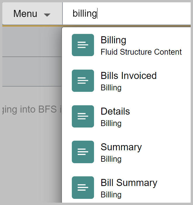 Screenshot of the BFS Search input field with keyword Billing