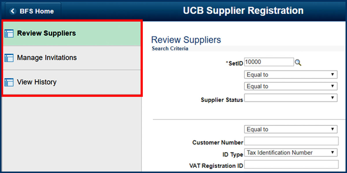 BFS Supplier Registration menu Screenshot of the BFS Supplier Registration menu