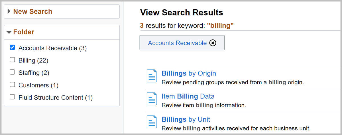 Screenshot of the BFS View Search Results page with keyword Billing