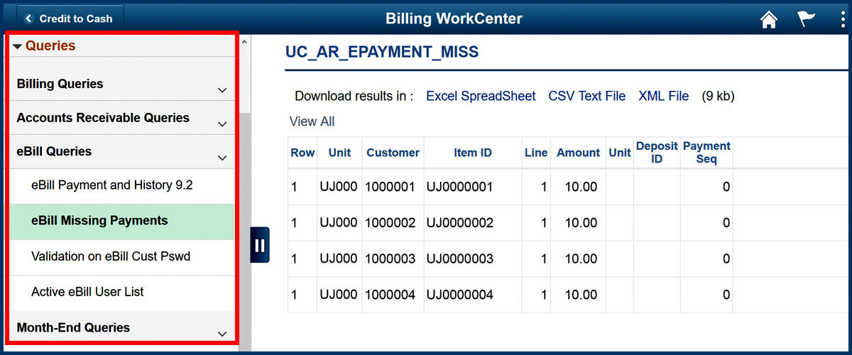 Billing WorkCenter eBill Missing Payments page screenshot