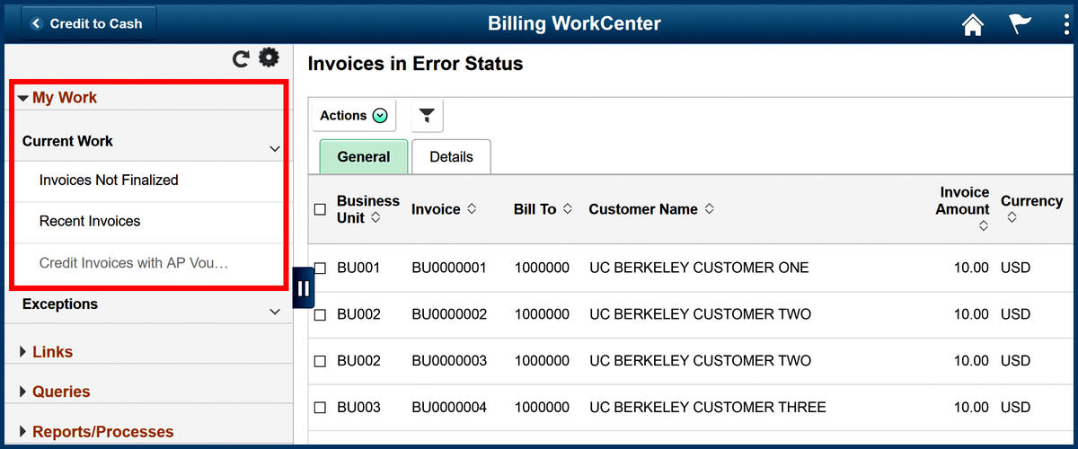Billing WorkCenter Invoices in Error Status page screenshot