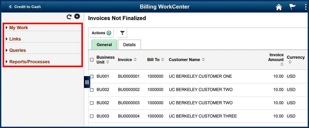 Billing WorkCenter Invoices Not Finalized page screenshot