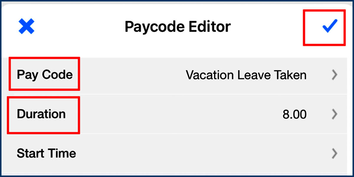 Screenshot of the CalTime iPad app Paycode Editor section