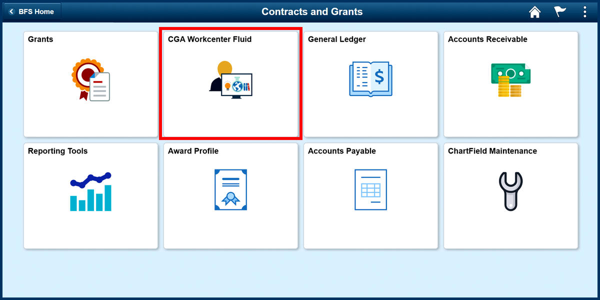 Contracts and Grants home page CGA Workcenter tile screenshot