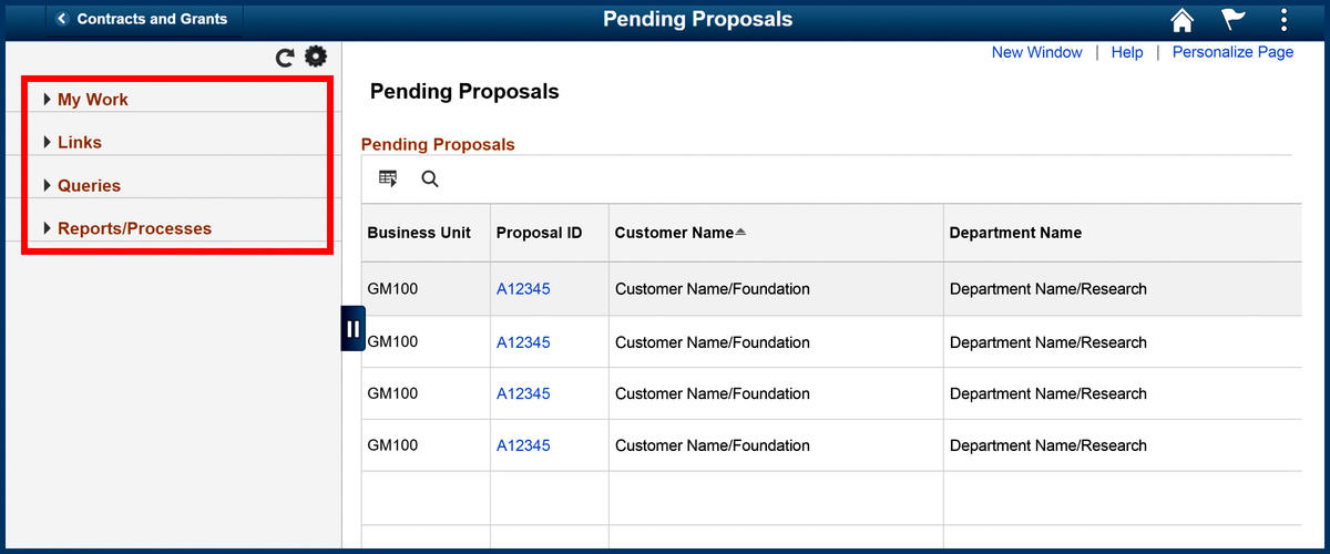 Contracts and Grants Pending Proposals page screenshot