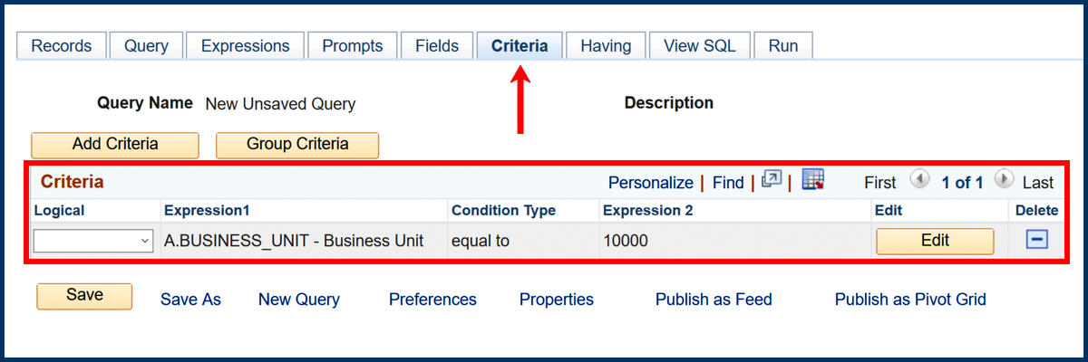 Criteria page Criteria Description screenshot