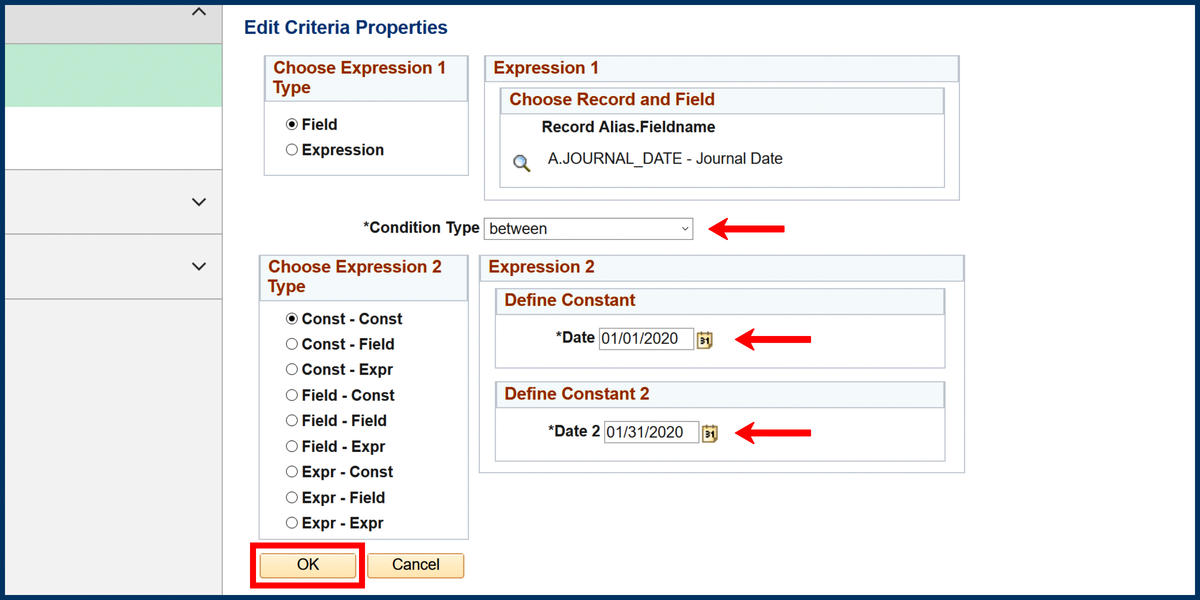 Criteria page Criteria Properties Date Range screenshot