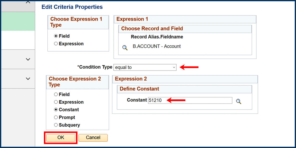 Criteria page Criteria Properties Define Constant account number screenshot