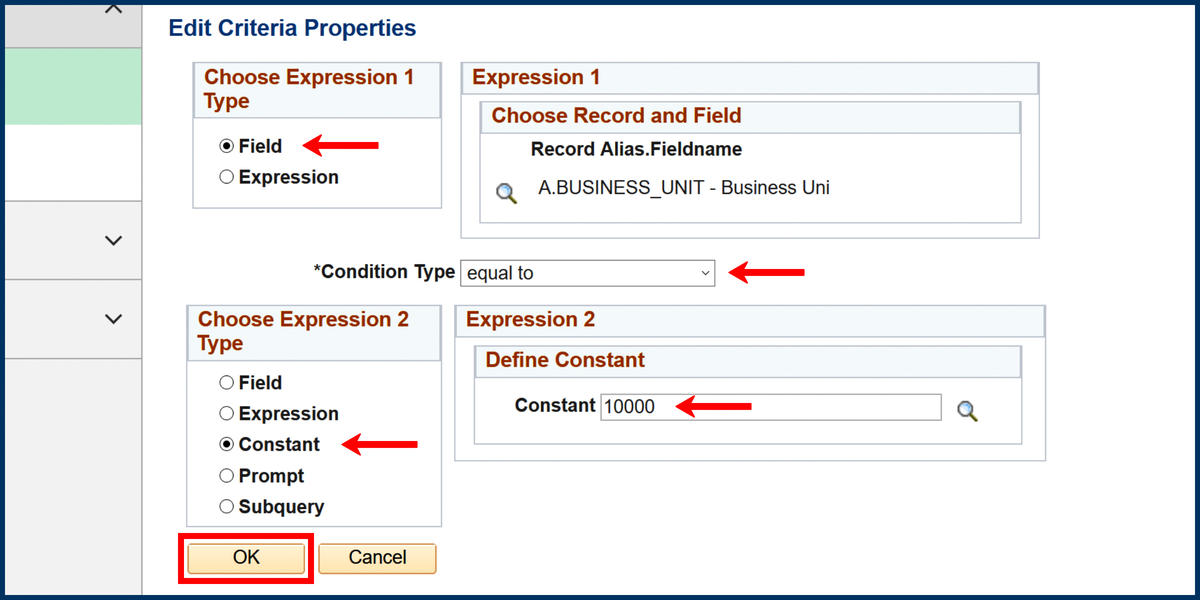 Criteria page Criteria Properties Define Constant business unit screenshot
