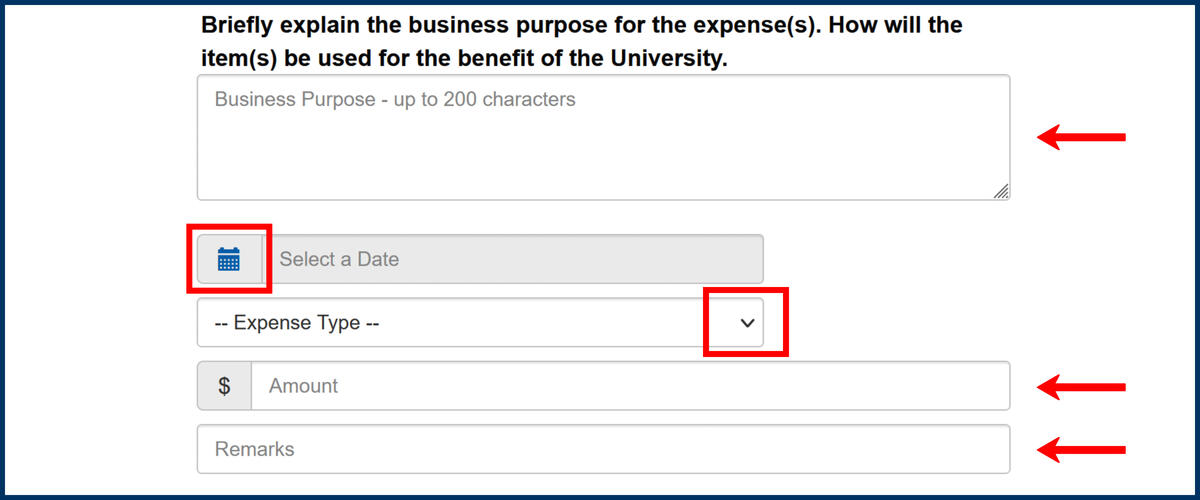 Screenshot of the Expense Reimbursement Expenses page input fields