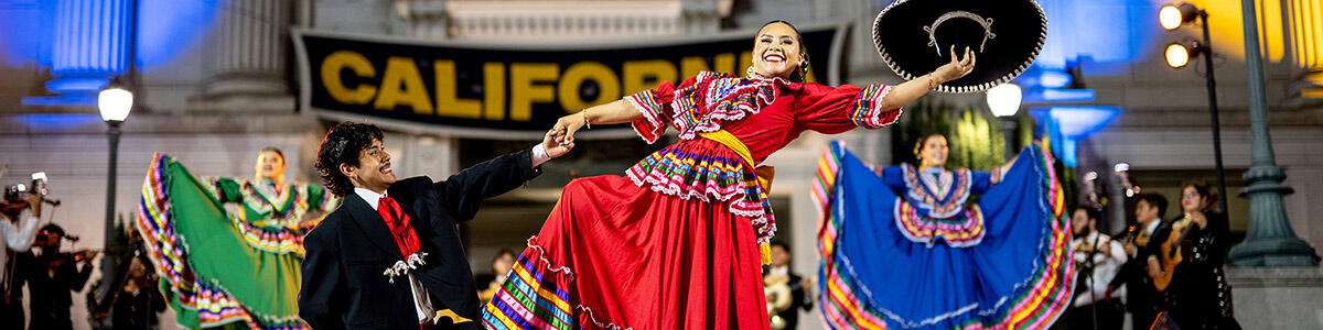 Cal Folclórico student group dances for the Homecoming Rally.