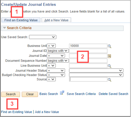 image shows tab and field locations for steps 1, 2 and 3