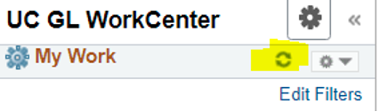 Image of refresh icon on top menu bar for My Work