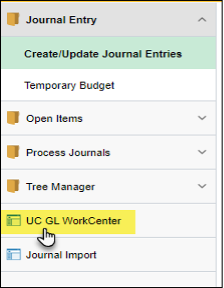 Image of left menu with UC GL WorkCenter tab