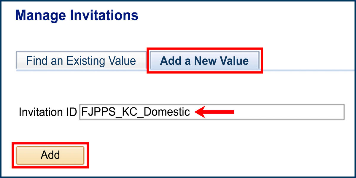 Manage Invitations page Add a New Value section Screenshot of the Manage Invitations page and Add a New Value section