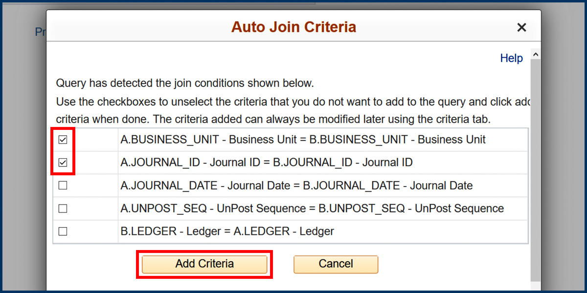Records page Auto Join Criteria dialogue box screenshot