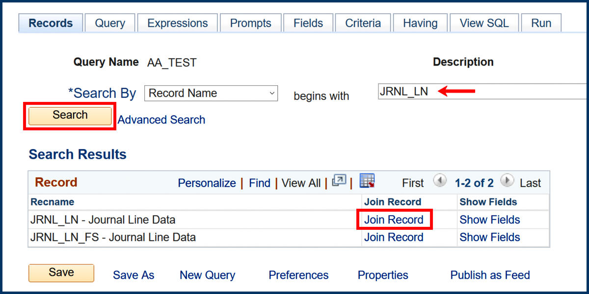 Records page Search Results Join Record button screenshot