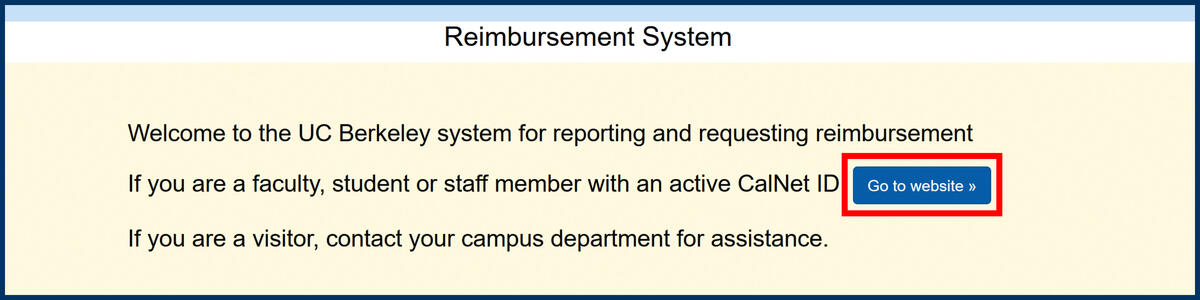 Screenshot of the Reimbursement System home page and Go to website button