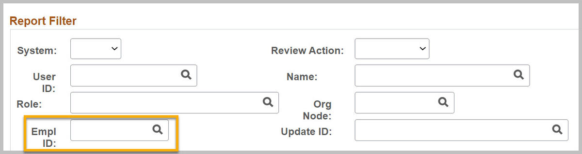 Screenshot of the Report Filter section and Employee ID input field