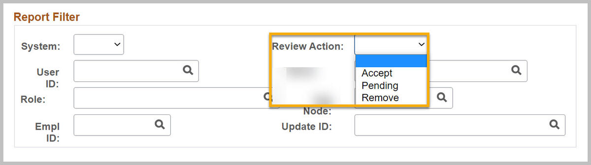 Screenshot of the Report Filter section and Review Action menu