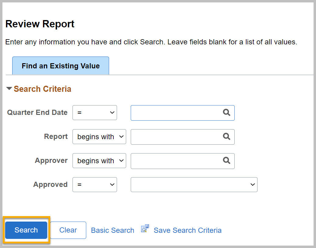 Screenshot of the Review Report page and Search Criteria button
