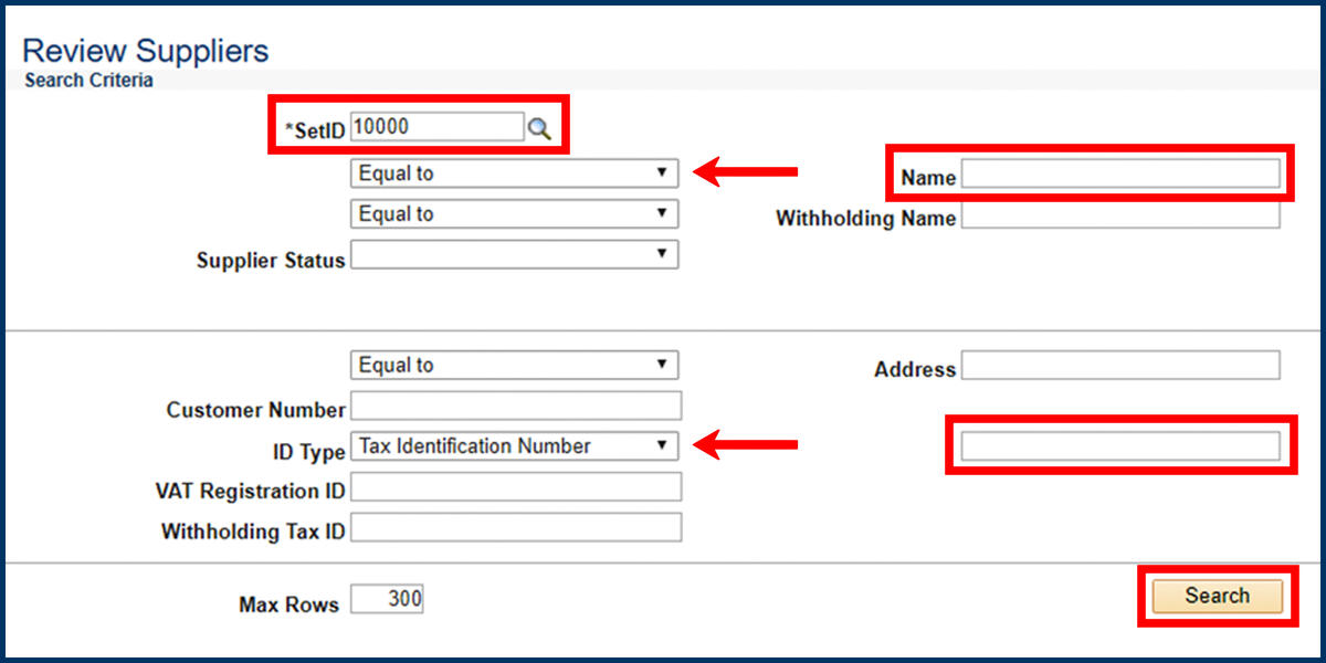 Screenshot of the Review Suppliers page and Search Criteria section