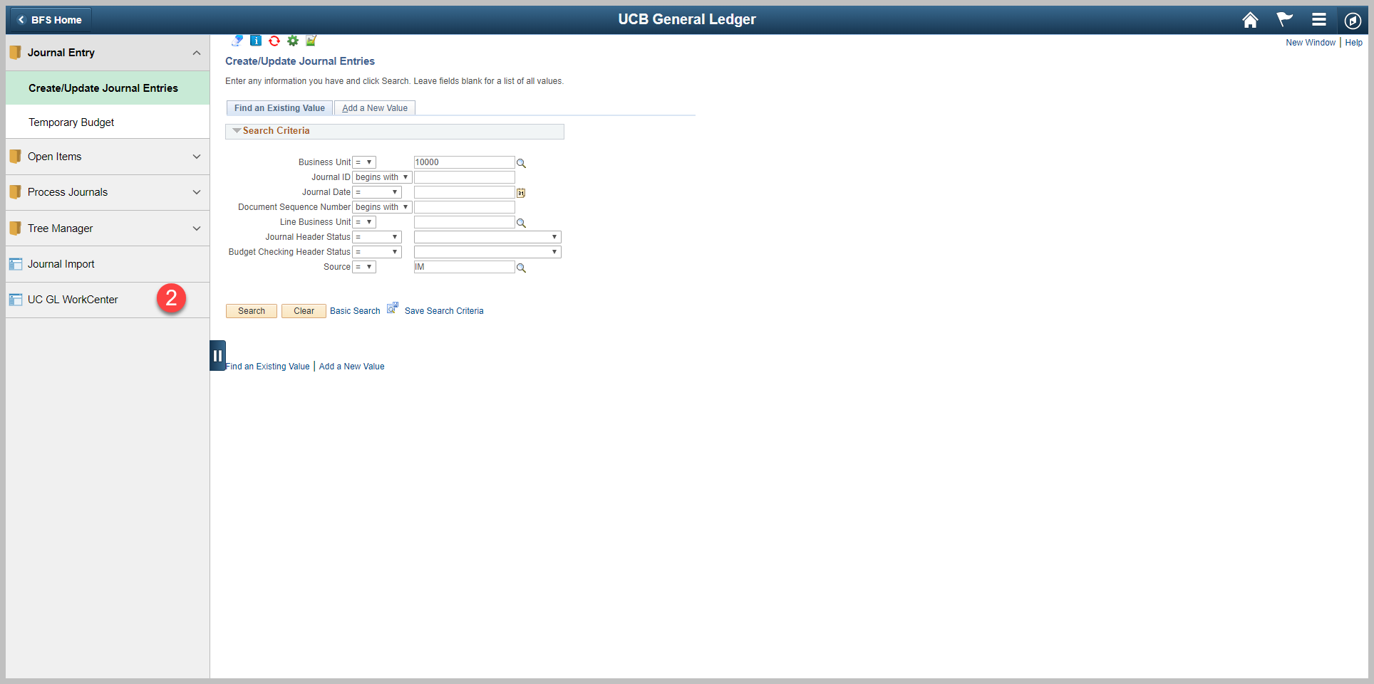 UC GL WorkCenter. On the left menu in General Ledger, the bottom option is UC GL WorkCenter.